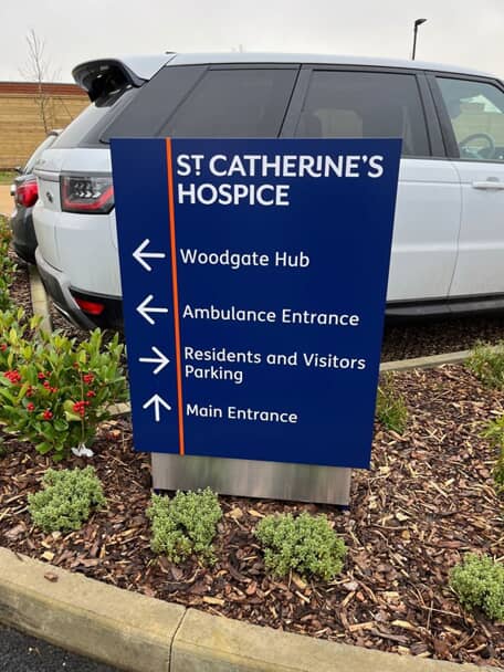 An image of the exterior St. Catherine's Hospice wayfinding signage.